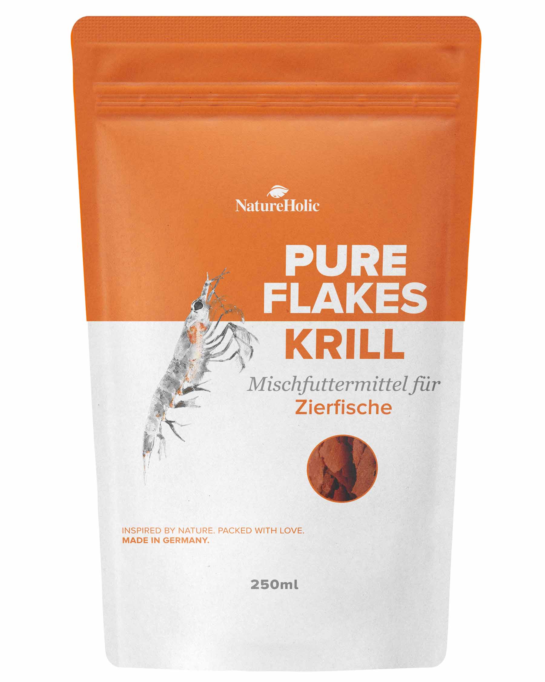 Beutel mit Pure Flakes Krill Fischfutter, 250ml